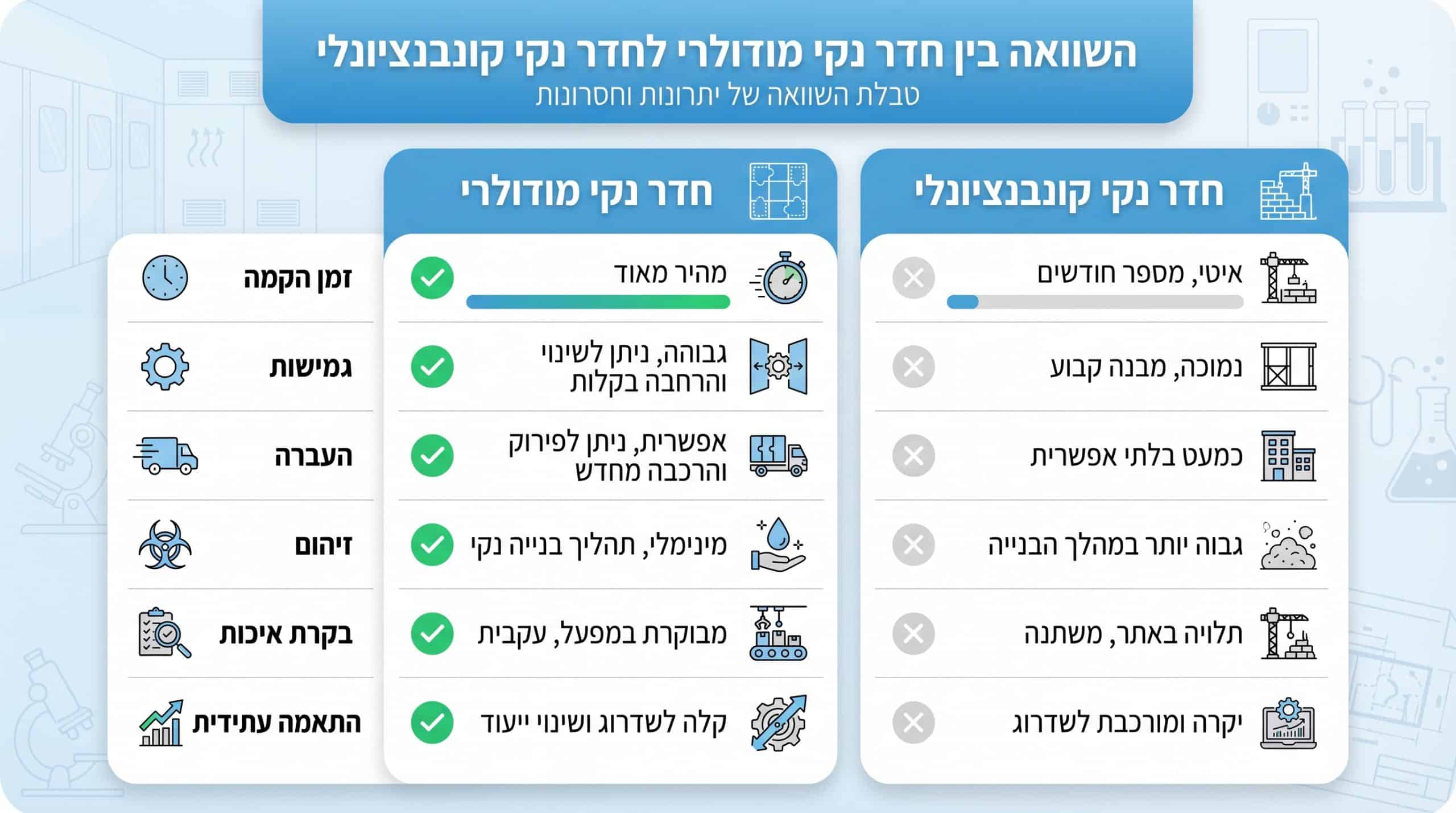 השוואה בין חדר נקי מודולרי לחדר נקי קונבנציונלי — בדיקות תחזוקה והסמכה
