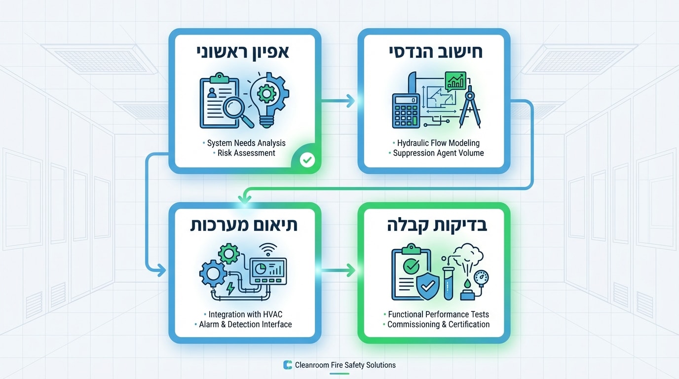 תהליך תכנון מקצועי של מערכת כיבוי אש לחדר נקי - שלבי הפרויקט מאפיון ועד קבלה