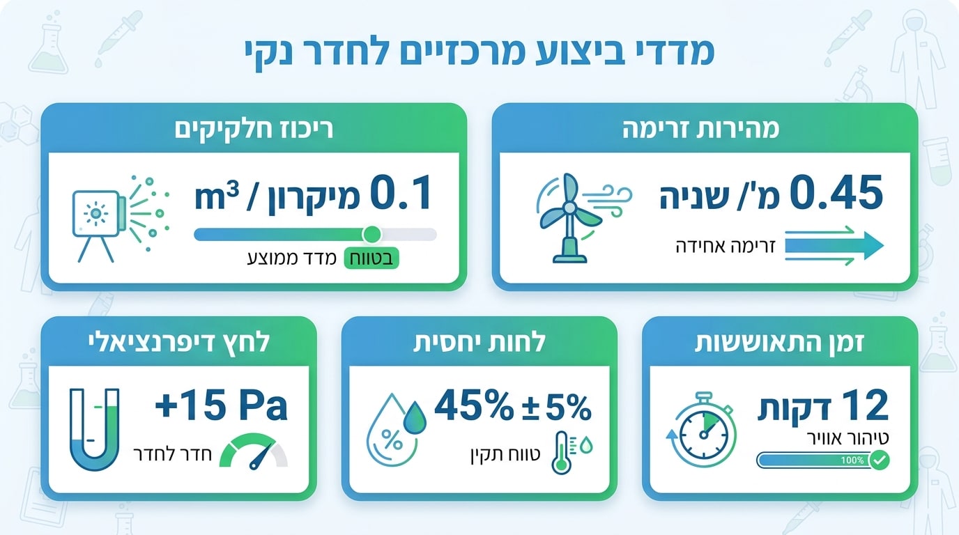 מדדי ביצועים מרכזיים להערכת חדר נקי — ריכוז חלקיקים, לחץ דיפרנציאלי וזמן התאוששות