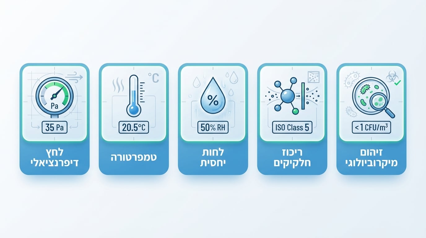 פרמטרים קריטיים לניטור בחדר נקי - טמפרטורה, לחות, לחץ דיפרנציאלי וריכוז חלקיקים