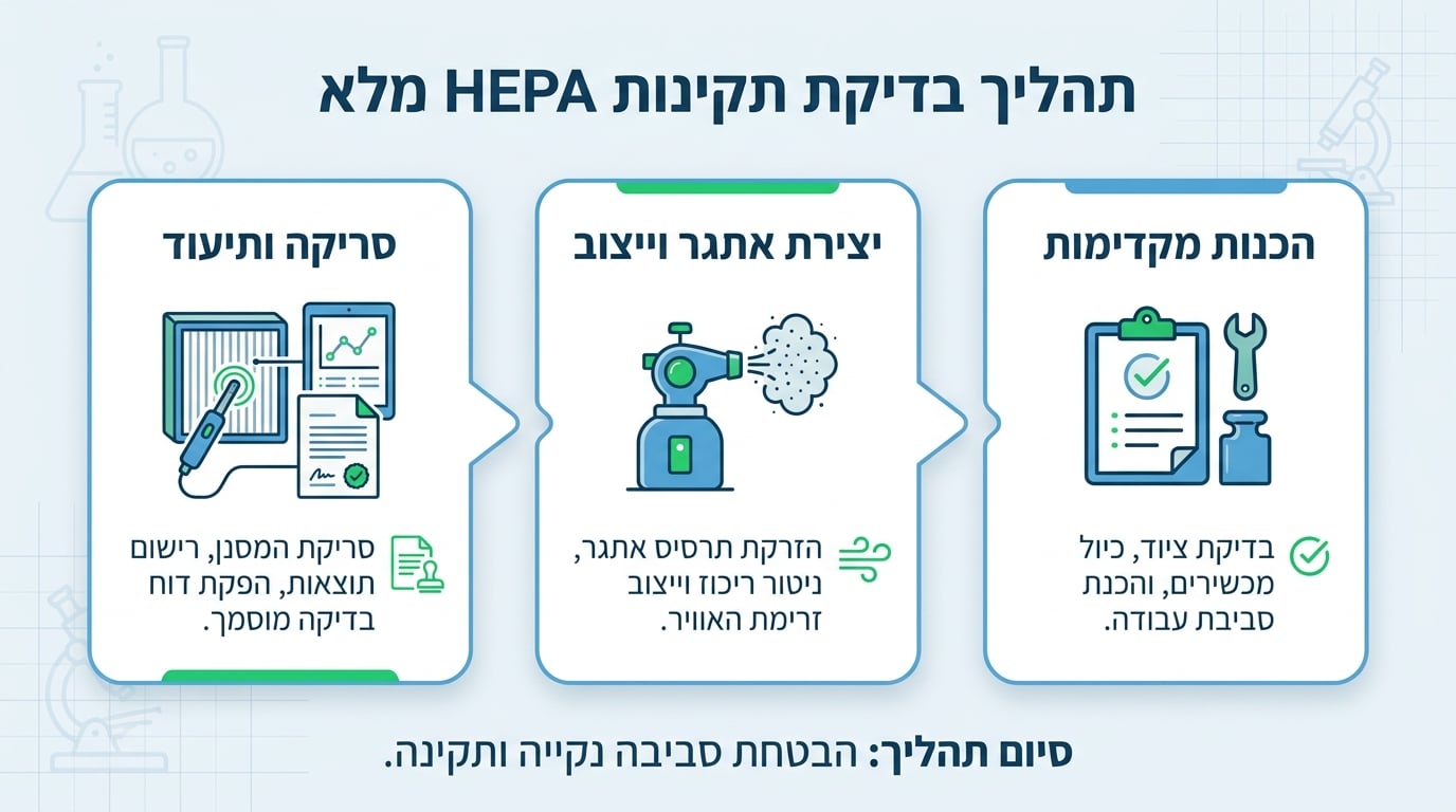 תהליך בדיקת HEPA integrity מלא - שלבי הכנה סריקה ותיעוד
